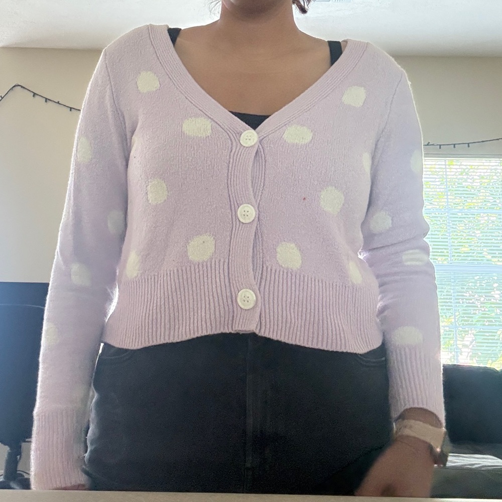 Lavender Polka Dot Button Cropped Cardigan
